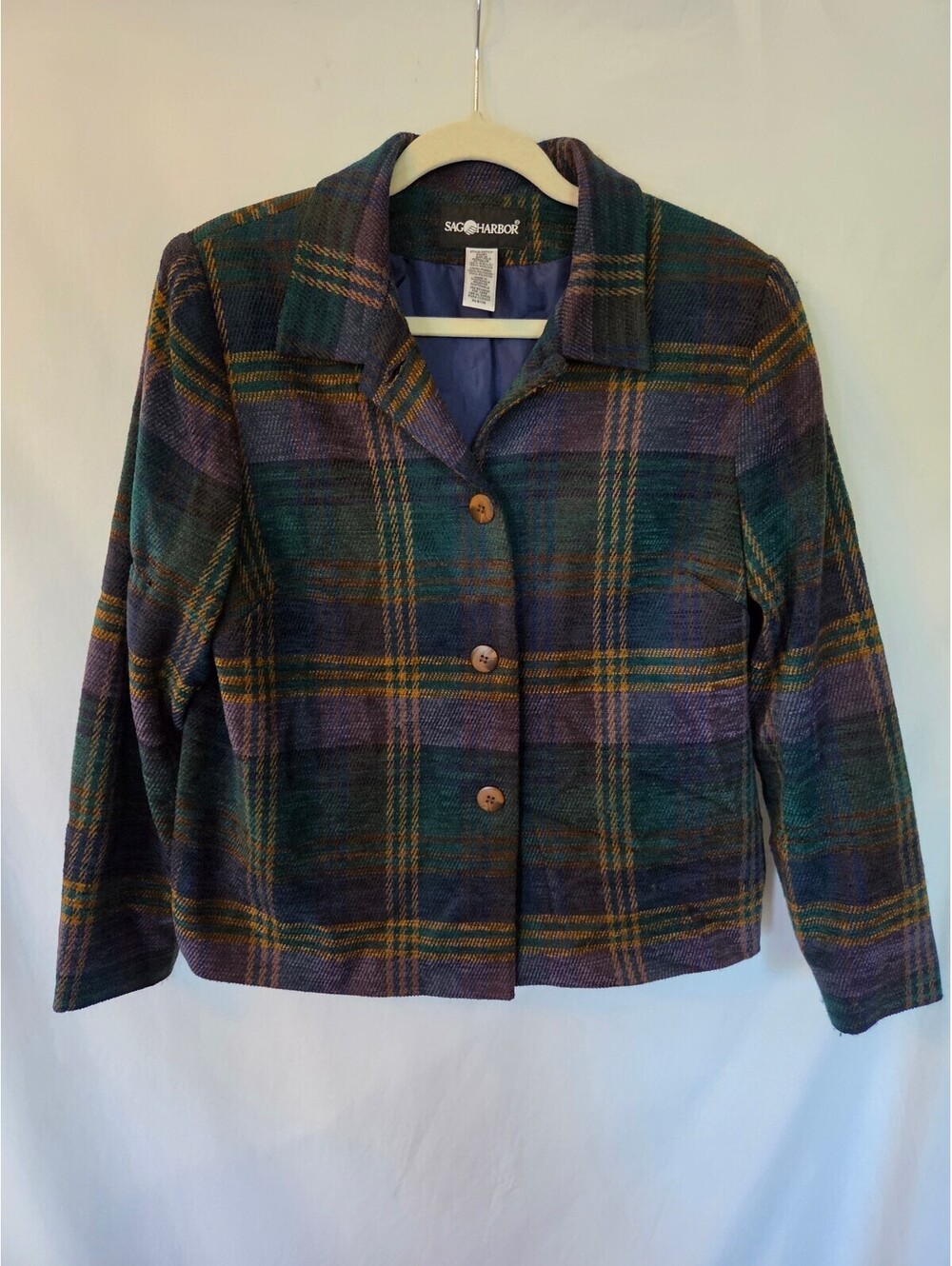 Vintage 90s Sag Harbor Plaid Jacket Womens 12 Purple Green Academia Blazer
